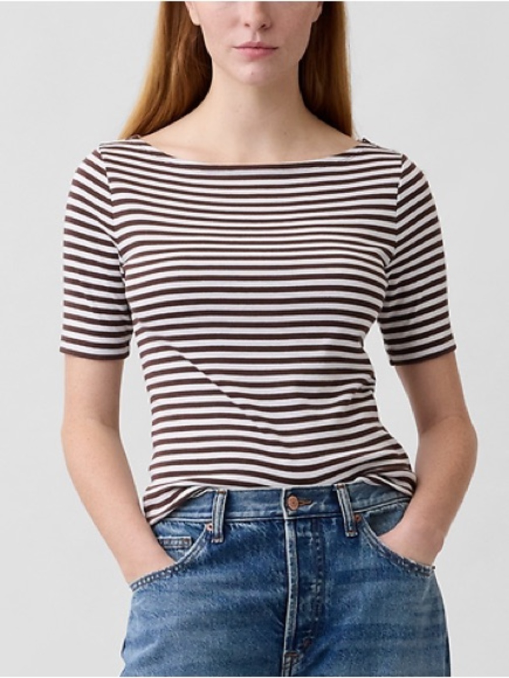 Gap NWT Striped Boat Neck Stretch T-Shirt Brown Cream Size S